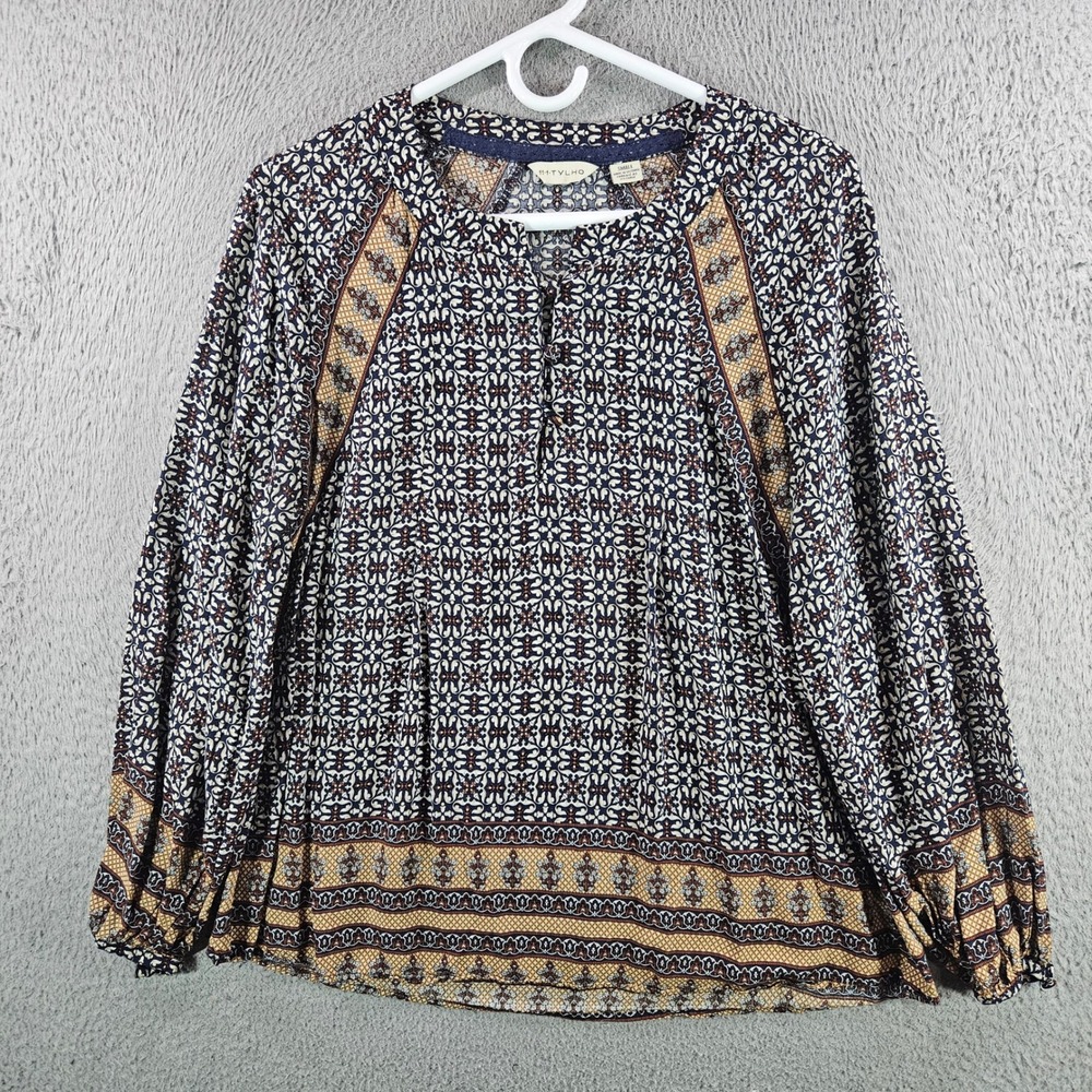 11.1 TYLHO Navy Blue Mustard Boho Geometric Tile Print Split Neck Blouse Small